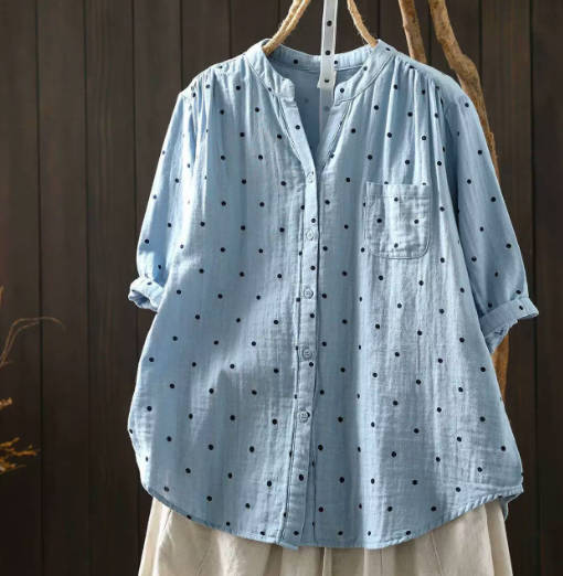Vintage Loose Fitting Short Sleeve Polka Dot Cotton Linen Shirt