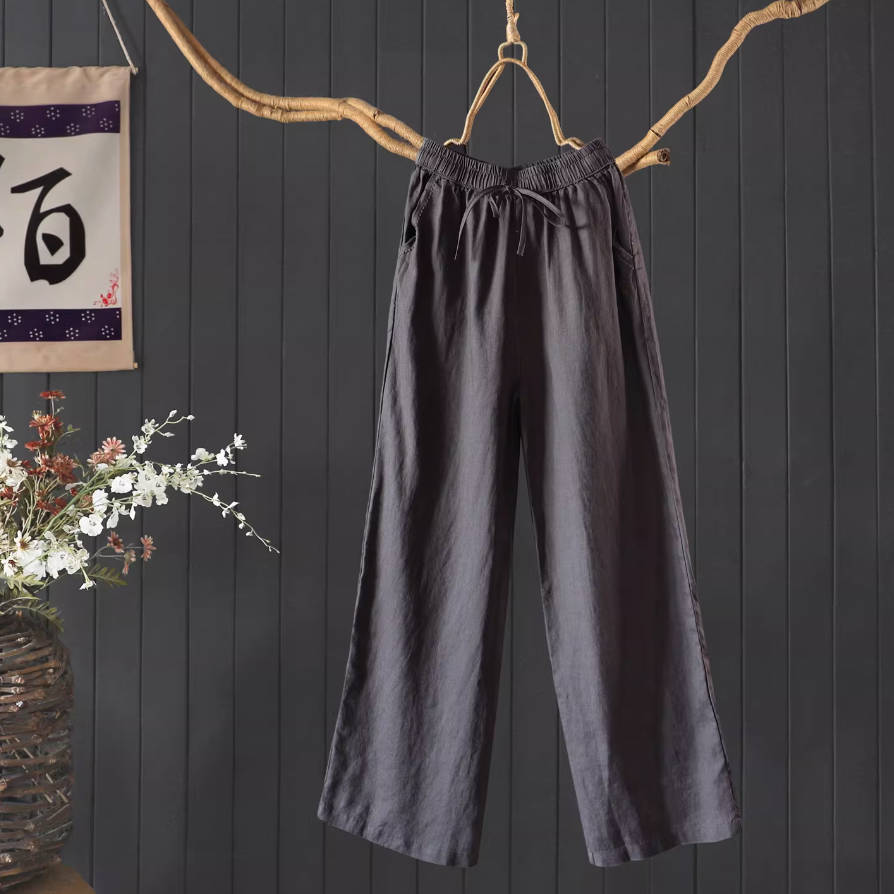Spring Linen Solid Color Embroidered Elastic Waist Soft Pants