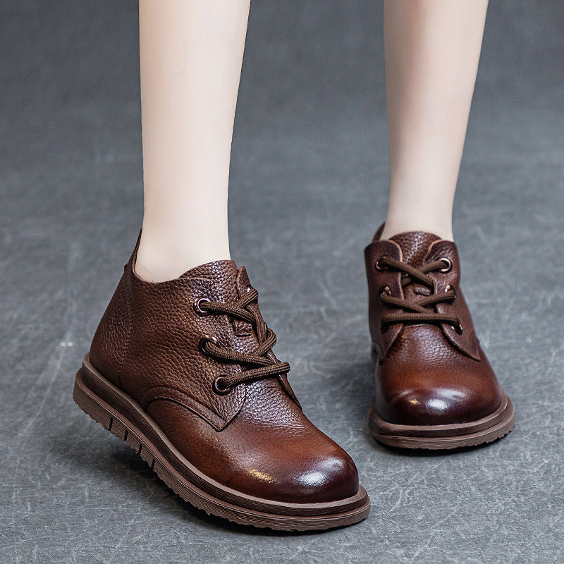 Top Leather Vintage Round Toe Soft Sole Lace-Up Flat Shoes