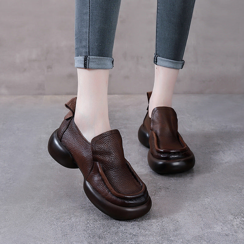 Retro Top Leather Round Toe Thick Sole  Slip-On Stylish Shoes