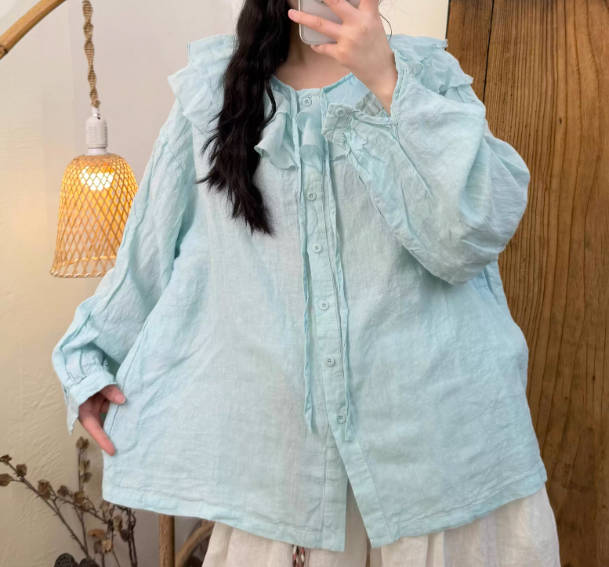 Spring Linen Solid Color Long Sleeve Ruffled Collar Shirt