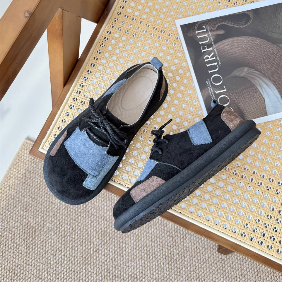 Autumn Retro Sueded Round Toe Patch Casual Lace-Up Flat Shots