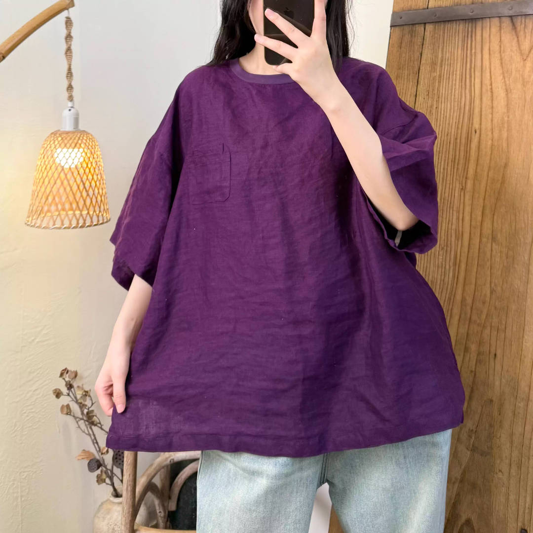 Spring Linen Solid Color Round Neck Loose Comfortable Tops