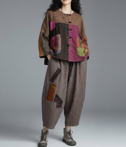 Retro Patchwork Plaid Denim Wide-Leg Trousers