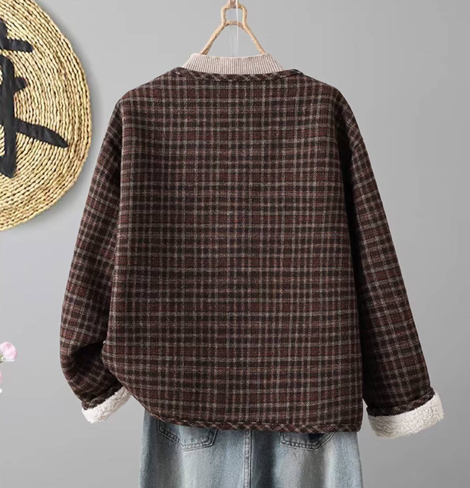 Winter Retro Cotton Casual Round Neck Plush Plaid Patchwork Coat