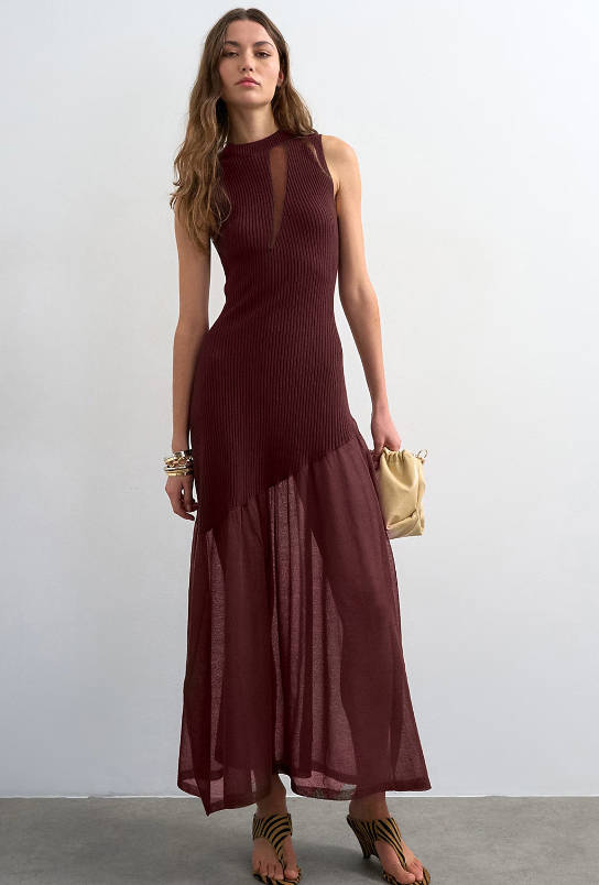 Summer Mature Elegant Mesh Panel Design Ribbed Knit Dress