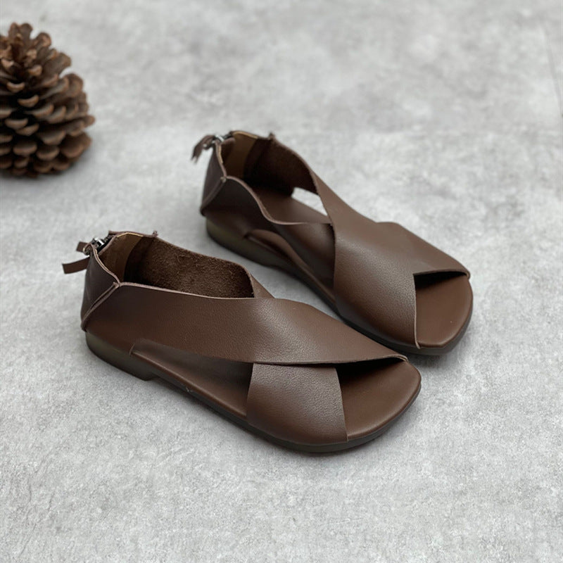 Summer Retro Leather Crossing Straped Open Toe Zipper Flats