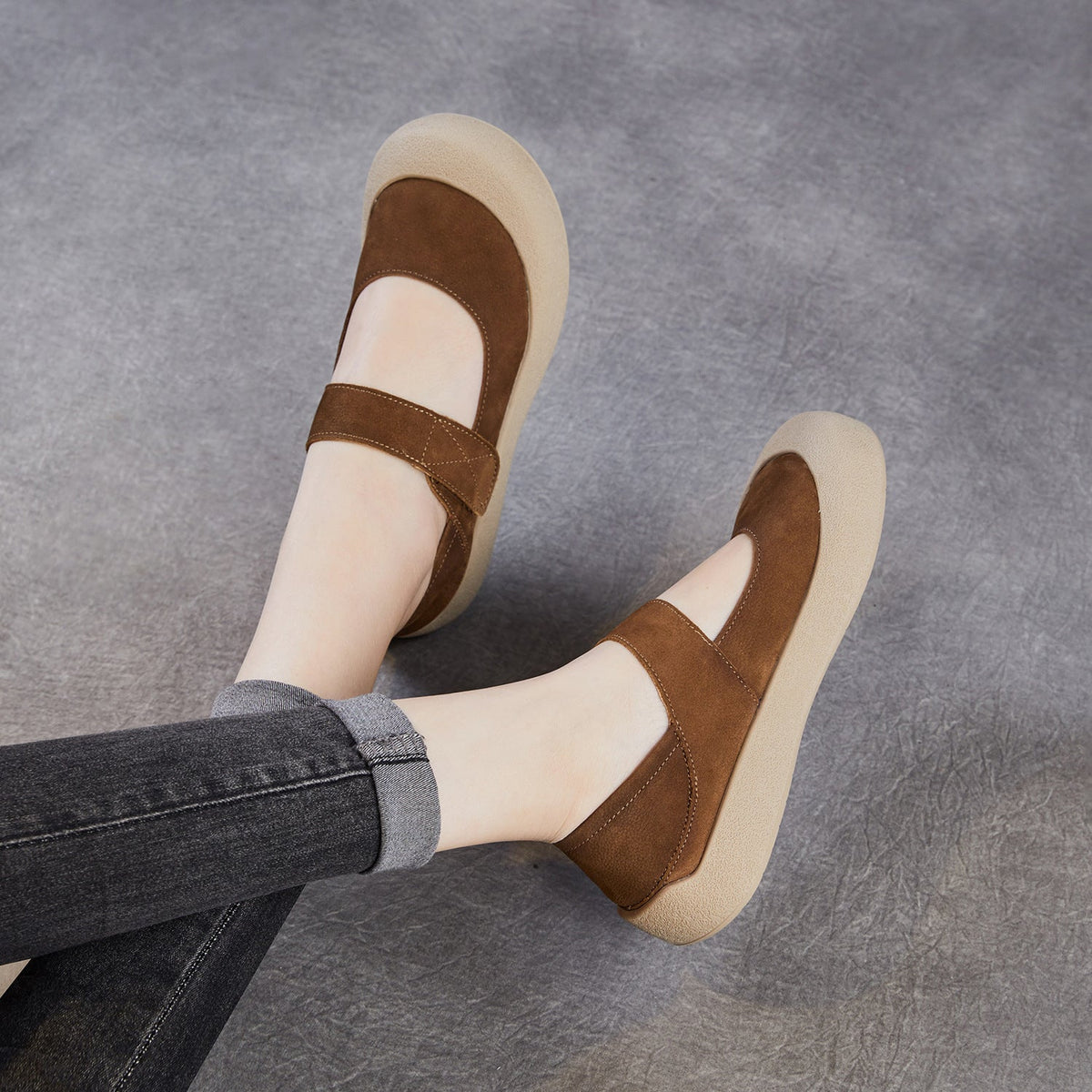 Patchwork Leather Rubber Shallow One Straped Velcro Soft Sole Flats