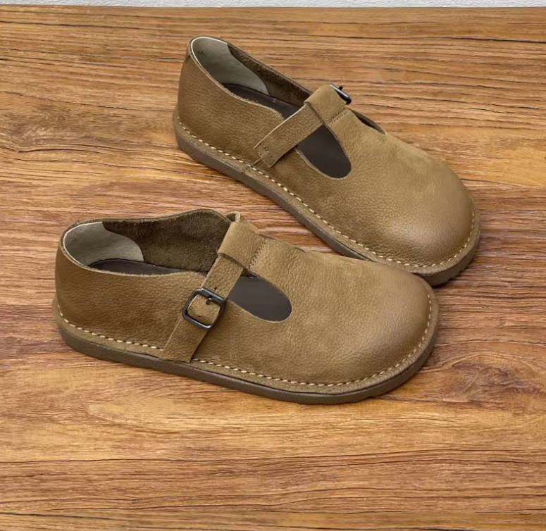 Retro Leather Vintage Round Toe Casual One Straped Flats