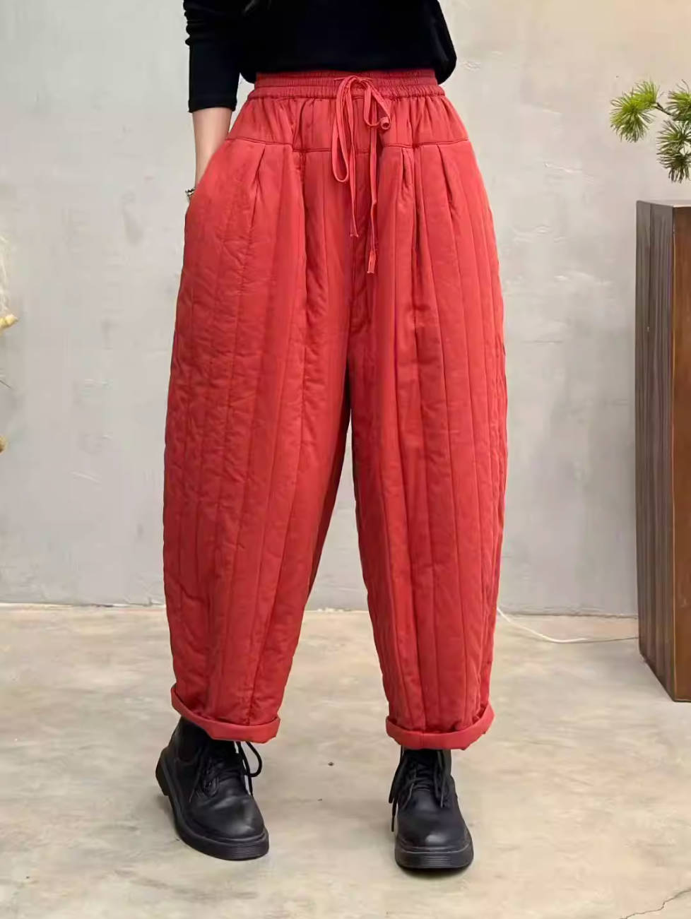 Winter Cotton Striped Warm Cotton-In Lace-Up Harem Pants