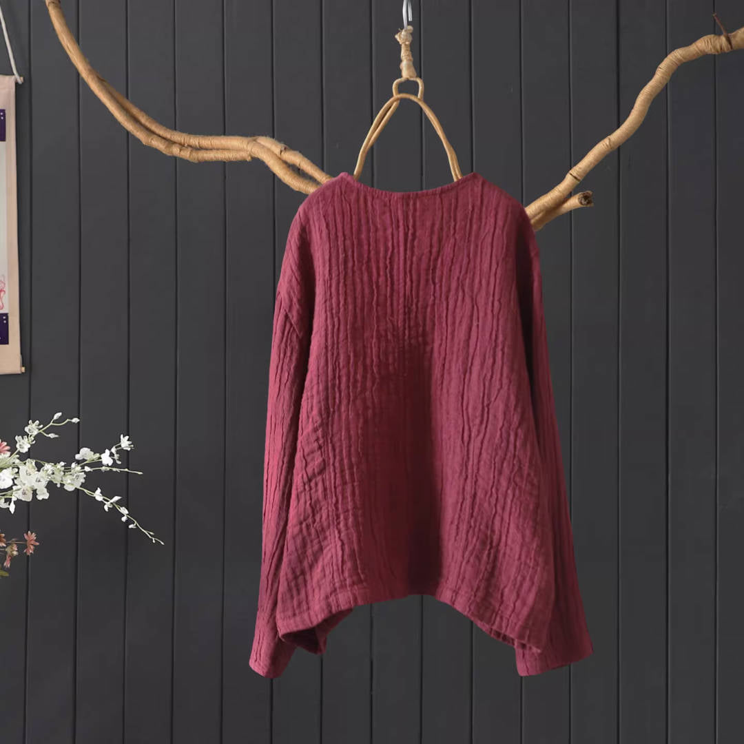 Retro Linen V-Neck Wrinkled Solid Color Single-Breasted Shirt
