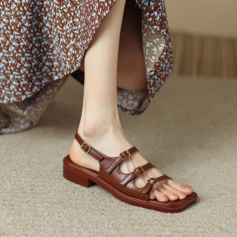 Vintage Cowhide Open Toe Straped Low Heel Wide Feet Sandals