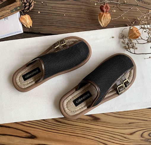 Summer  Women Linen Hollow-out Breathable Closed-Toe Mules Slip-on