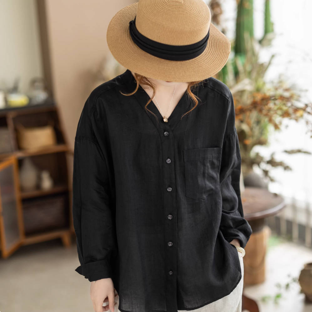 Thin Retro Ramie V-Neck Comfy Long Sleeves Loose Casual Shirt