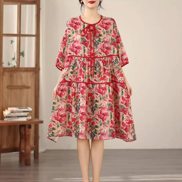 Summer Retro Linen Floral Printed Loose Half Sleeves A-Line Dress