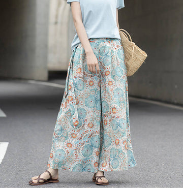 Spring Loose Casual Linen Print Wide Leg Pants