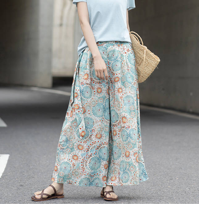 Spring Loose Casual Linen Print Wide Leg Pants