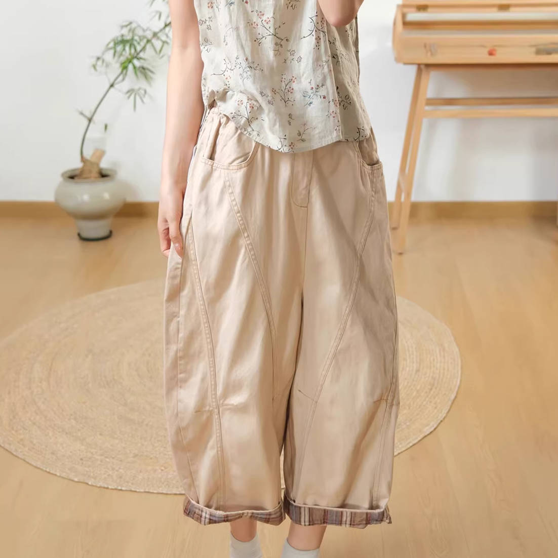 Spring Cotton Light Patchwork Wide Legs Elastic Waist Casual Pants