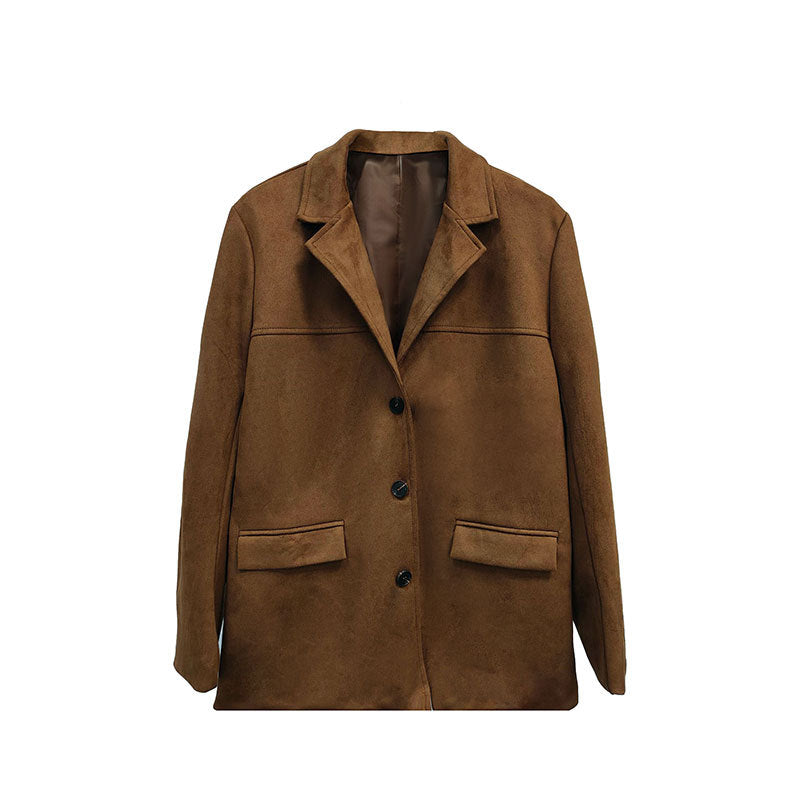 Women Autumn Retro Lapel Chic Solid Color Sueded Blazer