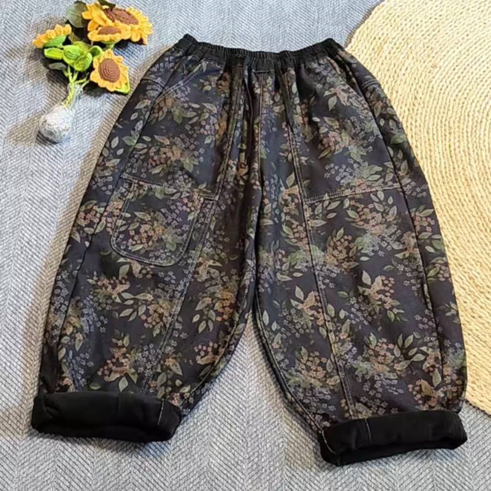 Retro Denim Floral Printed Elastic Waist Wide Legs Plush Harem Pants