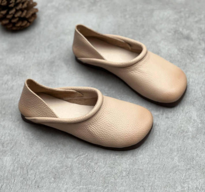 Retro Genuine Leather Square Toe Flat Sole Slip-On