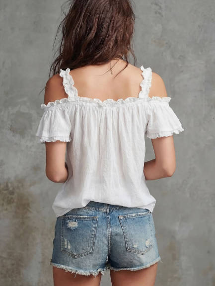 Spring Solid Color Linen Ruffle Collar Spaghetti Strap Top