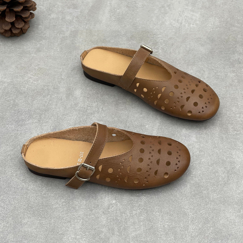 Summer Genuine Leather Hallow One Straped Casual Slip-On Flats