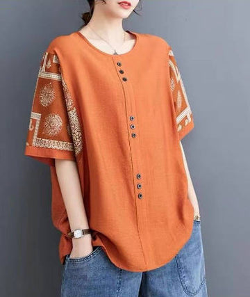 Vintage Casual Cotton Linen Loose Fit Round Neck Patchwork Top