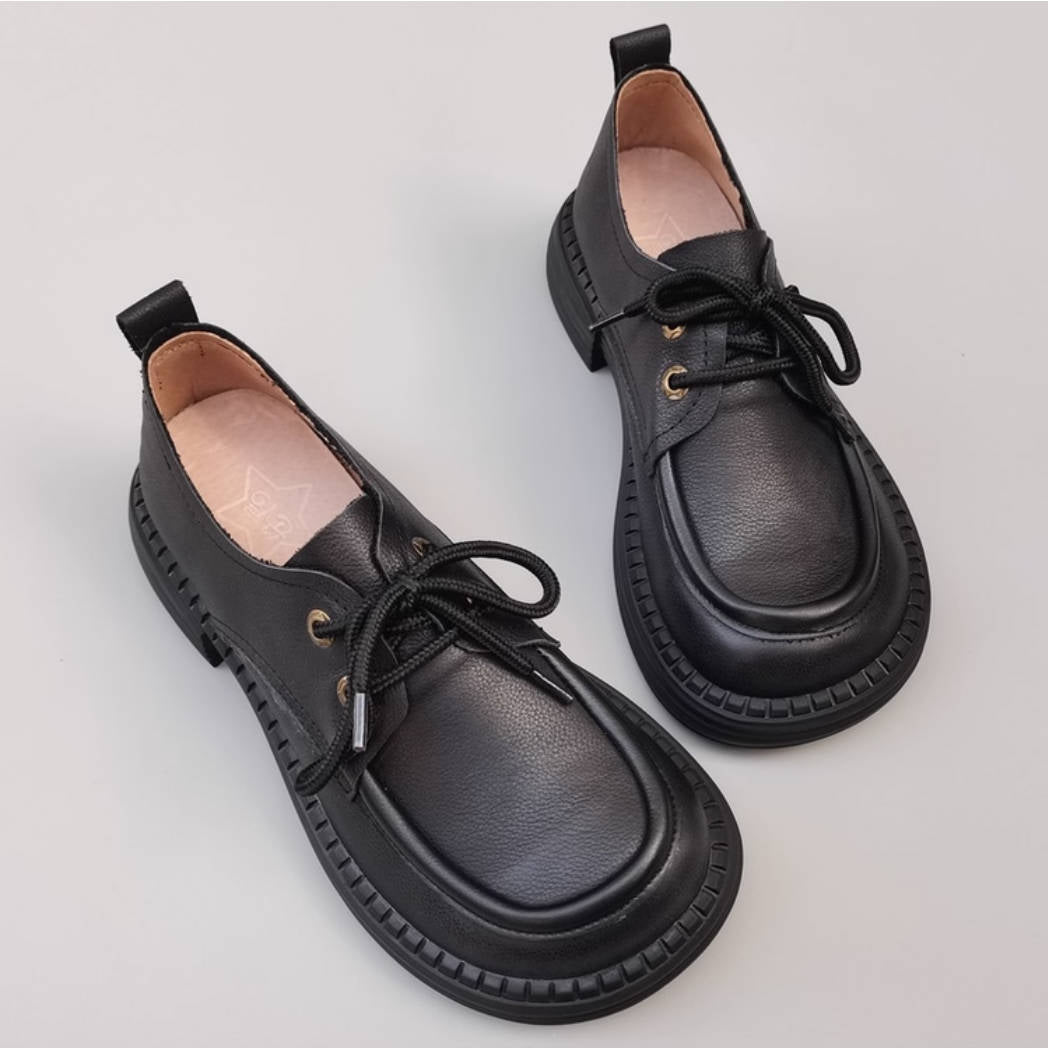 Retro Top Leather Wide Toe Soft Sole Chunky Lace-Up Slip-On Shoes