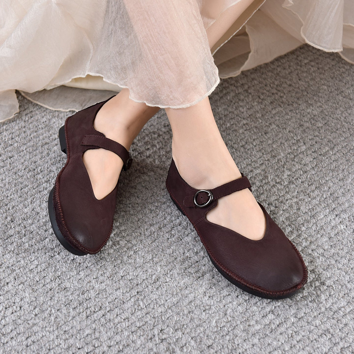 Spring Genuine Leather Round Toe One Straped Versatile Flat Shoes
