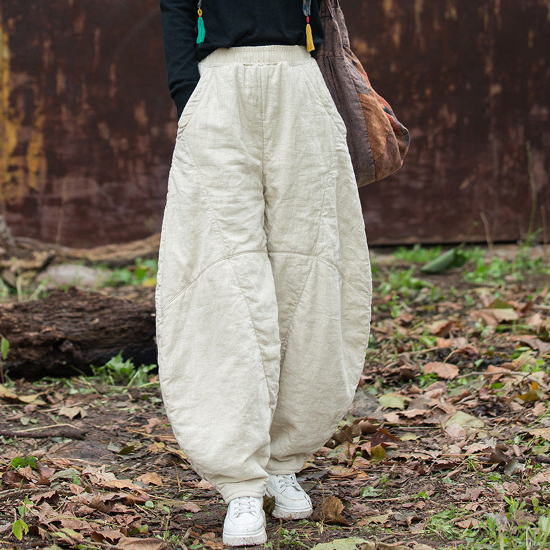 Winter Ramie Loose Solid Color Cotton-In Elastic Waist Harem Pants