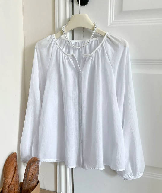 Women Summer Cotton Linen Loose Solid Color Round Neck Blouses
