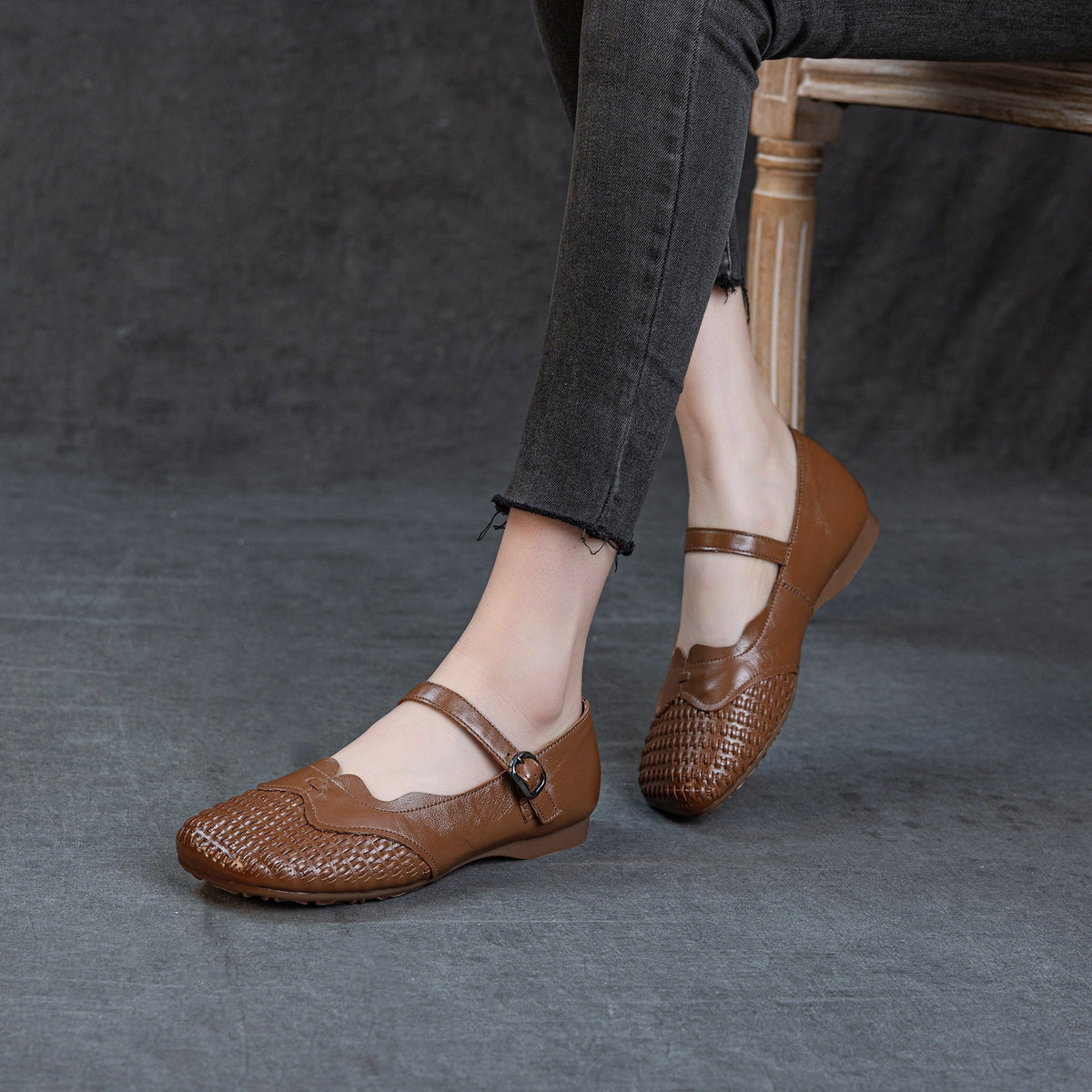 Retro Leather Woven Patchwork One Straped Casual Flat Sole Shoes