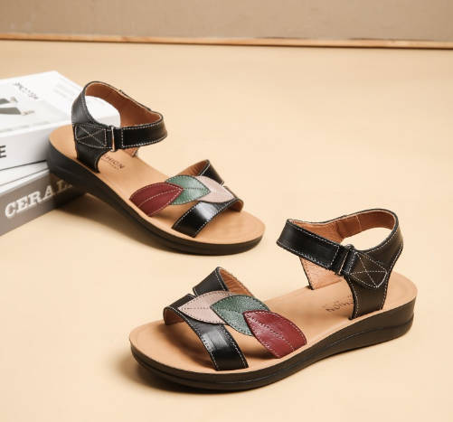Vintage Women Leather Peep Toe Single T-strap Soft Sandals
