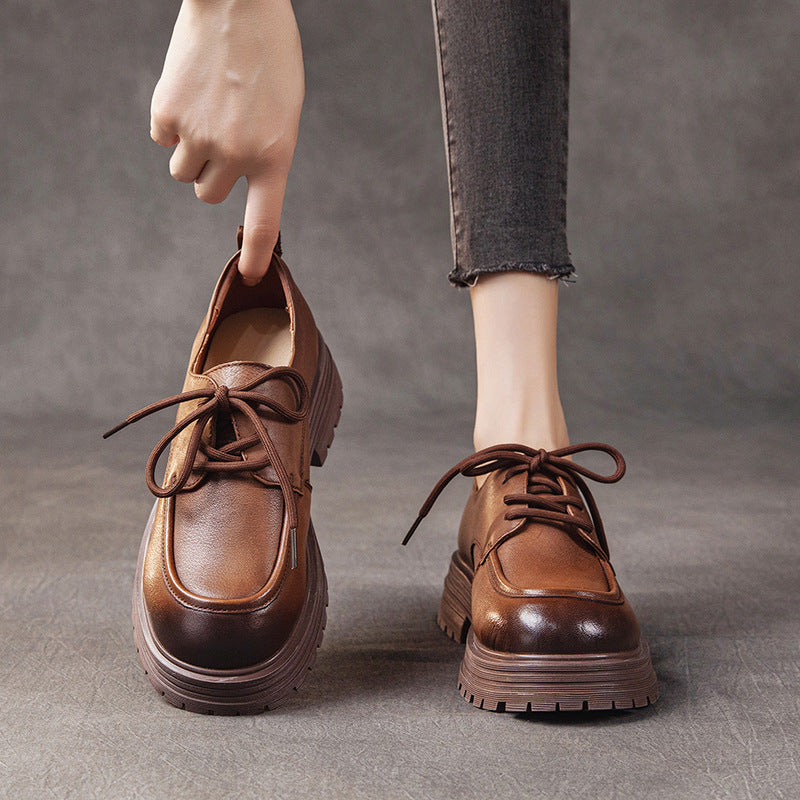 Spring Top Leather Round Toe Platform Thick Sole Lace-Up Casual Shoes