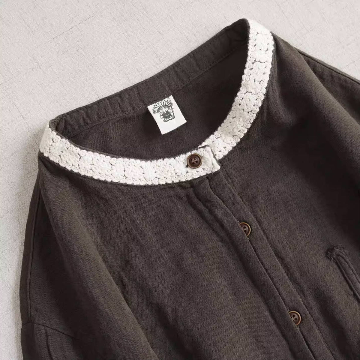 Spring Retro Cotton Round Neck Patchwork Versatile Loose Shirt