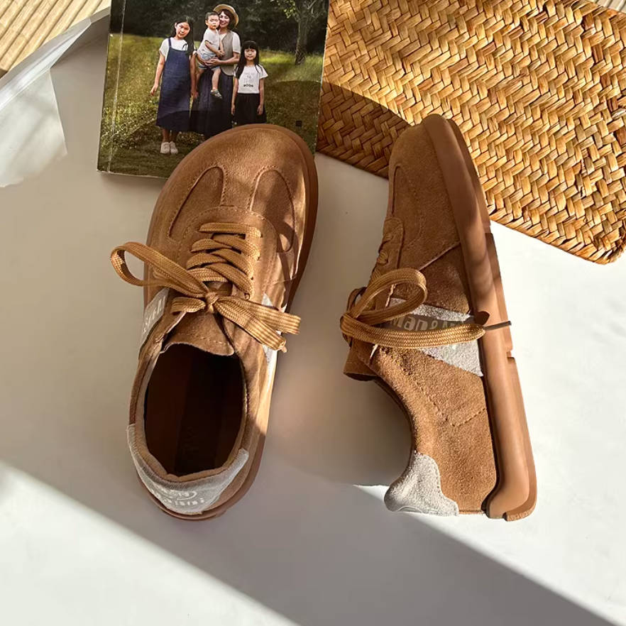 Round Toe Leather Sueded Patchwork Lace-Up Soft Sole Flats