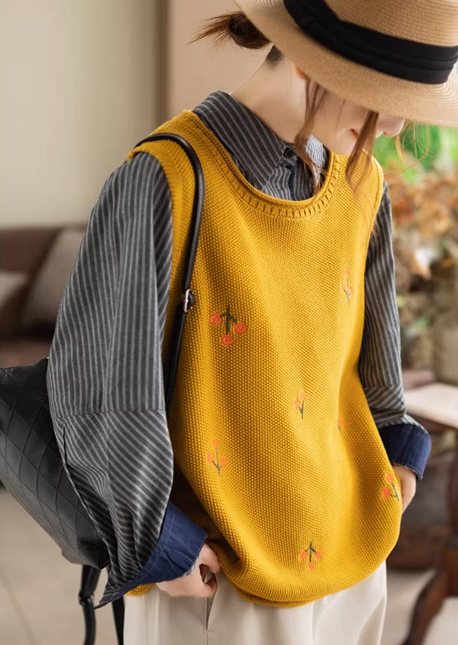 Spring Retro Cotton Knitted Round Neck Embroidered Sleeveless Tops