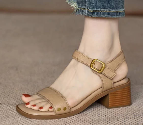 Retro Summer Open Toe Touch Fastener Chunky Heel Soft Leather Sandals
