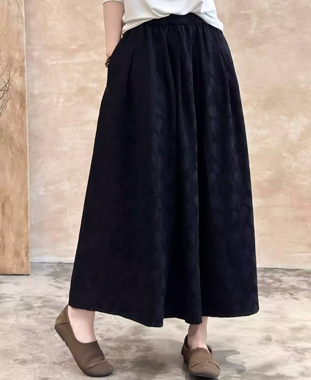Spring Cotton Printed Versatile Loose A-Line High Elastic Waist Skirt