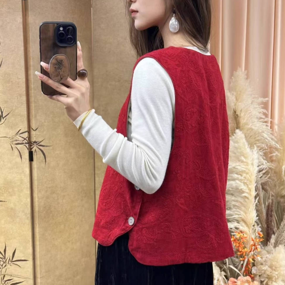 Autumn Retro Linen Embroidered Round Neck Vest