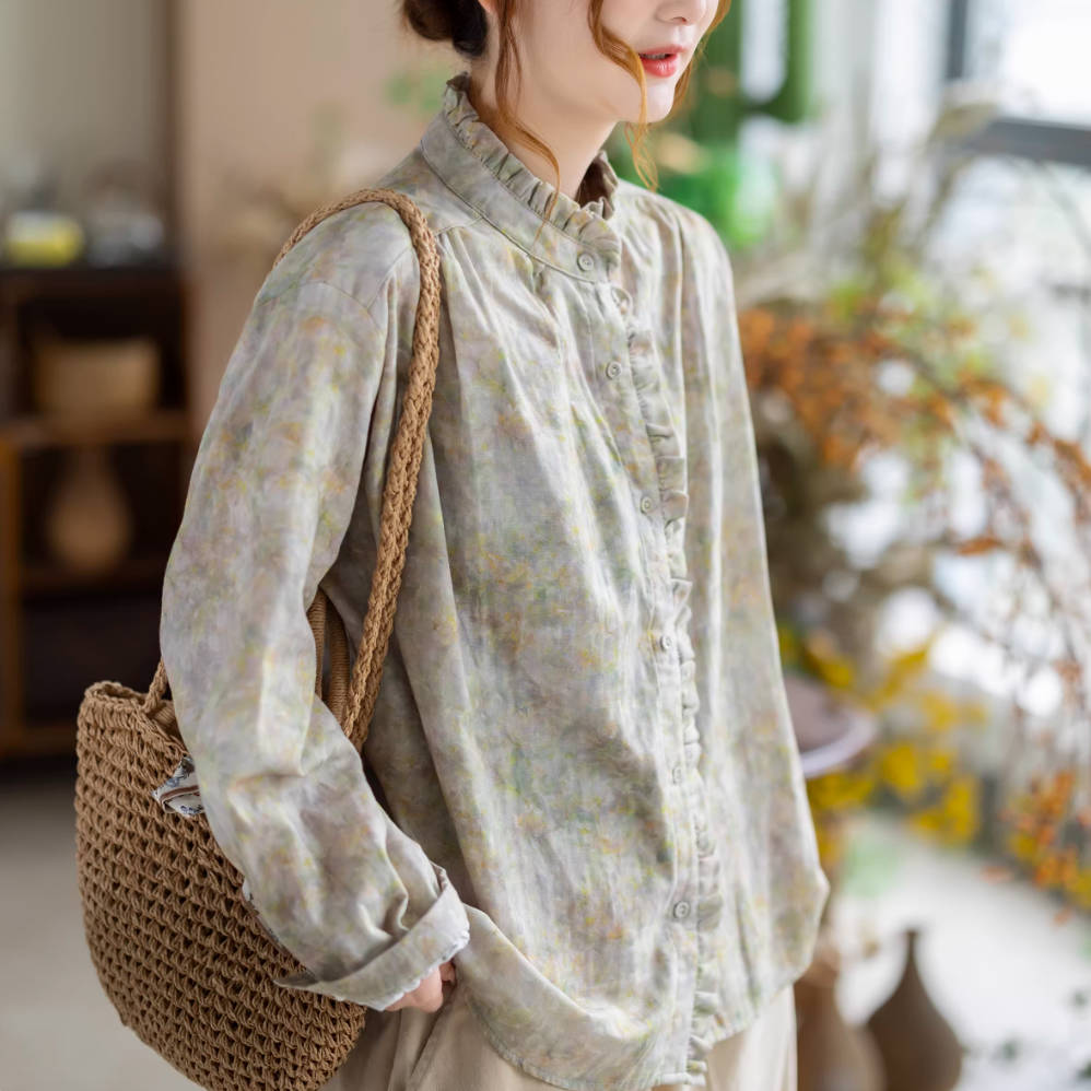 Spring Cotton Ruffled Neck Printed Patchwork Loose Casual Shirt