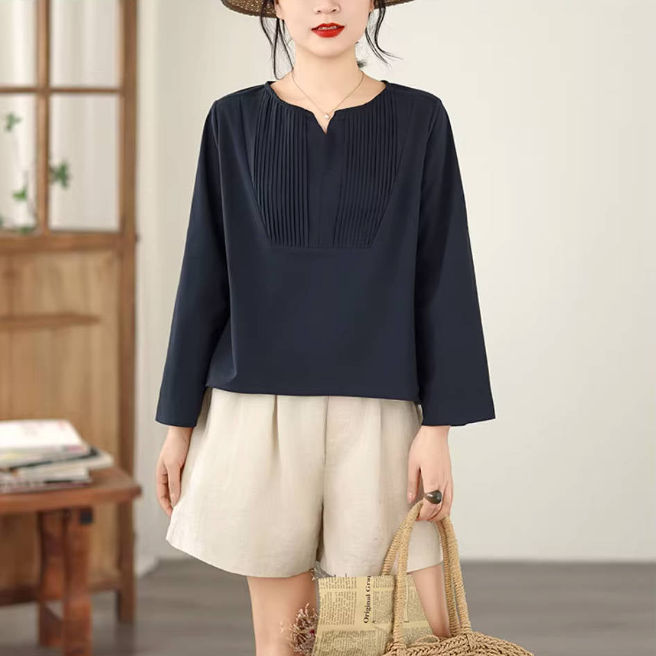 Retro Linen V-Neck Box Pleat Solid Color Half Sleeves Loose Tops