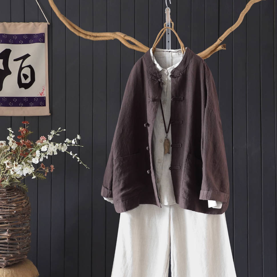 Autumn Linen Chinese Round Neck Frog Button Loose Shirt