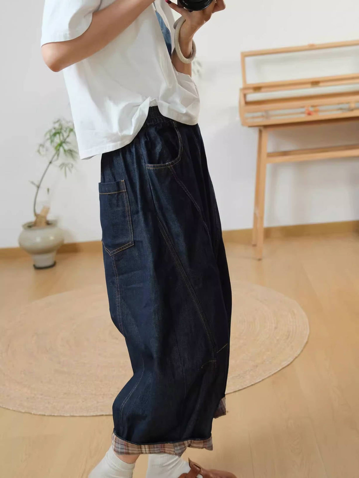 Spring Cotton Light Patchwork Wide Legs Elastic Waist Casual Pants