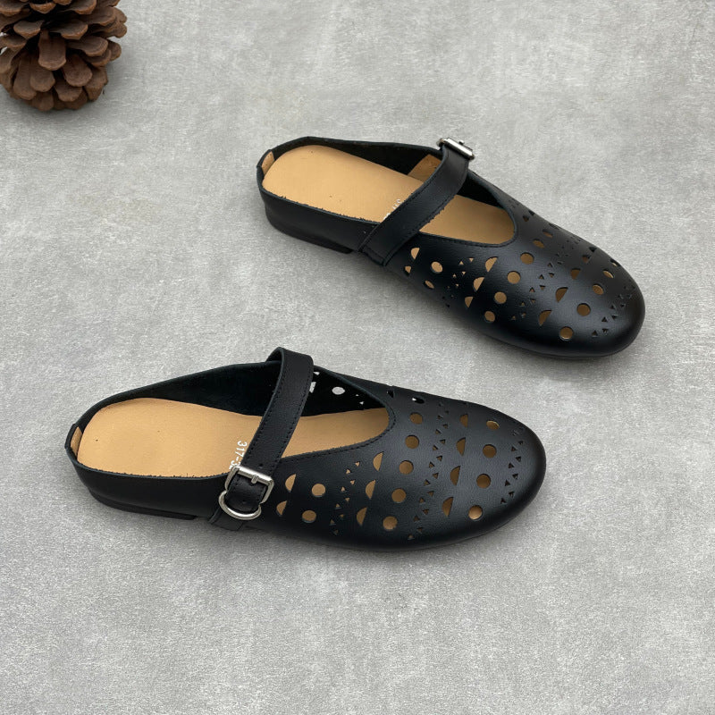 Summer Genuine Leather Hallow One Straped Casual Slip-On Flats