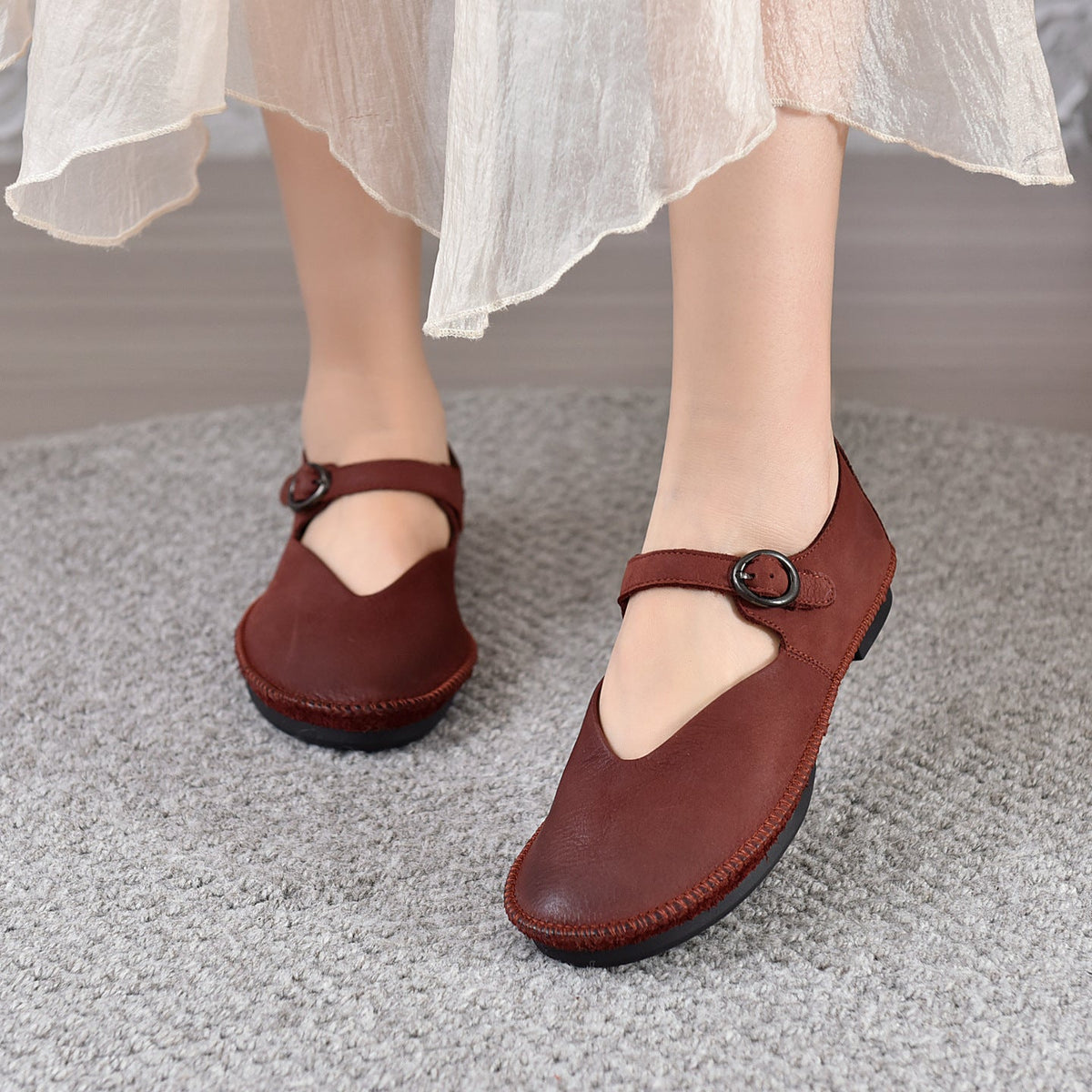 Spring Genuine Leather Round Toe One Straped Versatile Flat Shoes