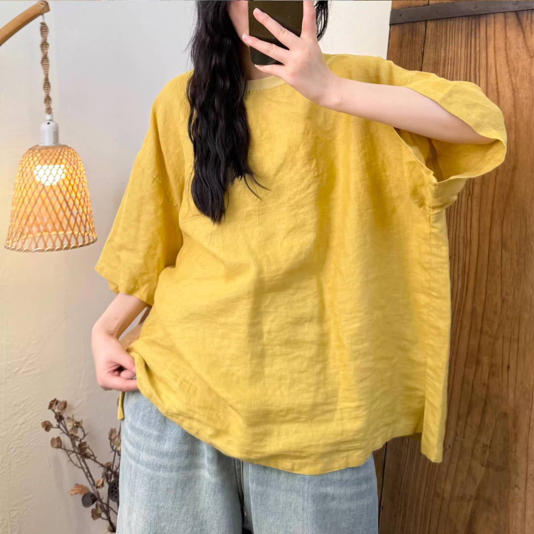 Spring Linen Solid Color Round Neck Loose Comfortable Tops