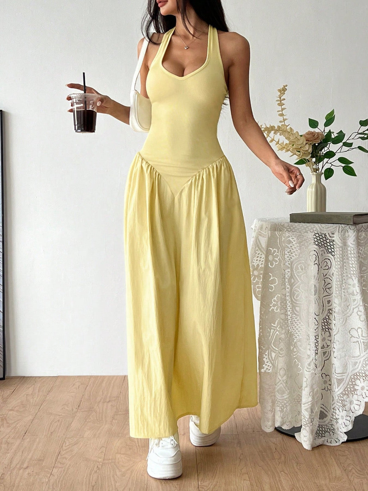 Yellow Slim Sleeveless Casual Everyday U-Neck Halterneck Dress