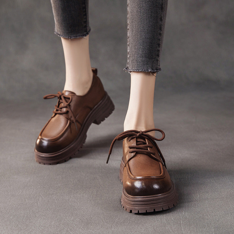 Spring Top Leather Round Toe Platform Thick Sole Lace-Up Casual Shoes